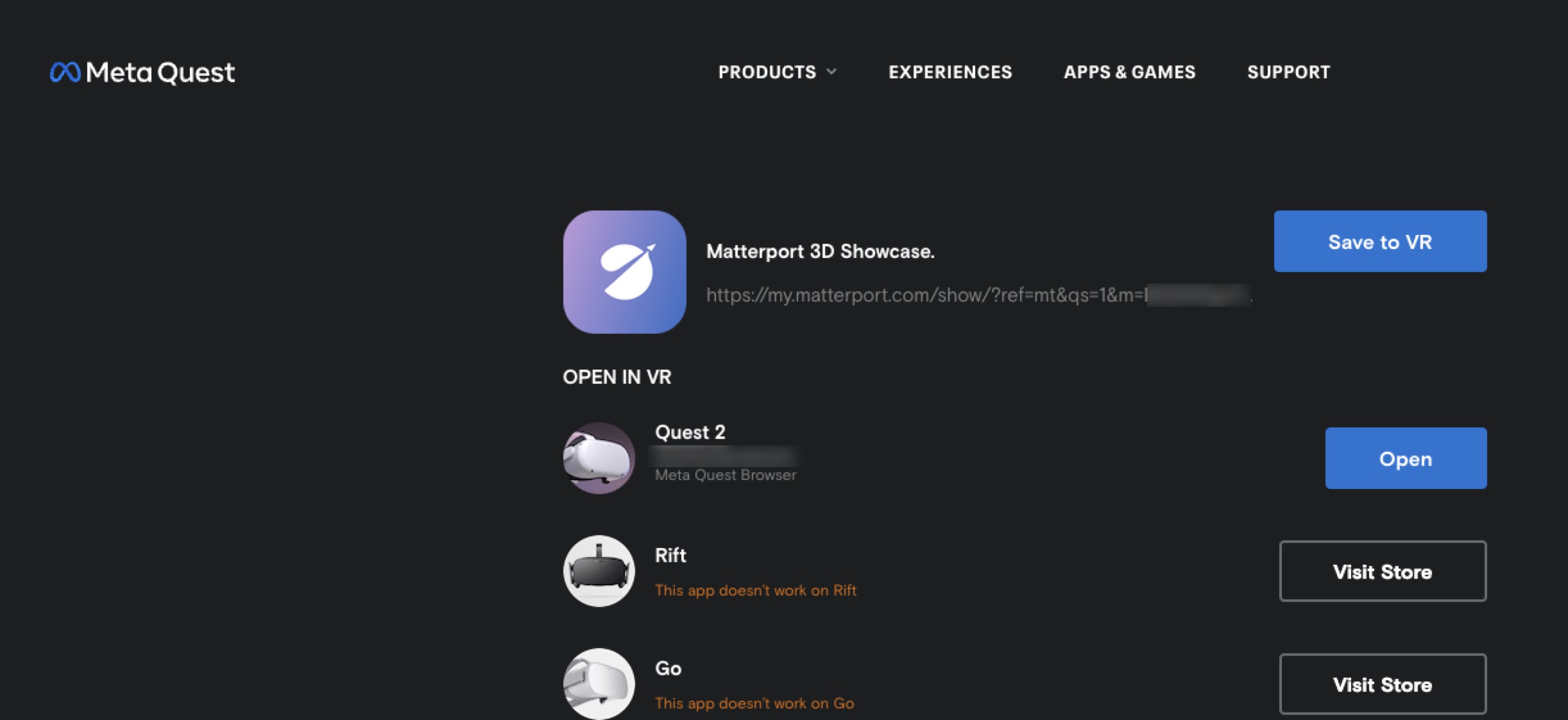 Inlogpagina van de Meta Quest-website met opties Open en Save to VR